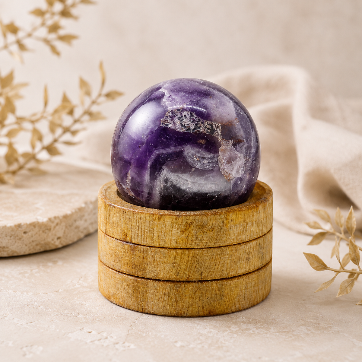 Amethist bol op houten standaard – 40 mm