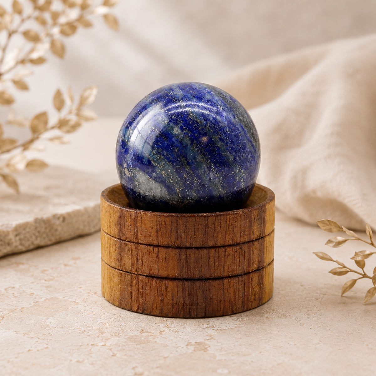 Lapis lazuli bol op houten standaard – 40 mm